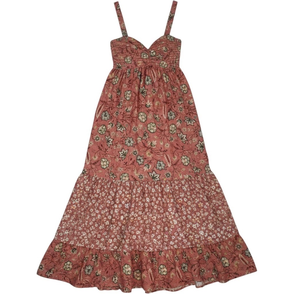 Land of the Free Floral Smocked Midi Dress Terracotta Pink Small Boho Tiered